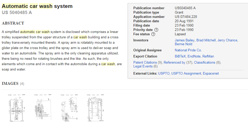 automatic car wash system_sample patent